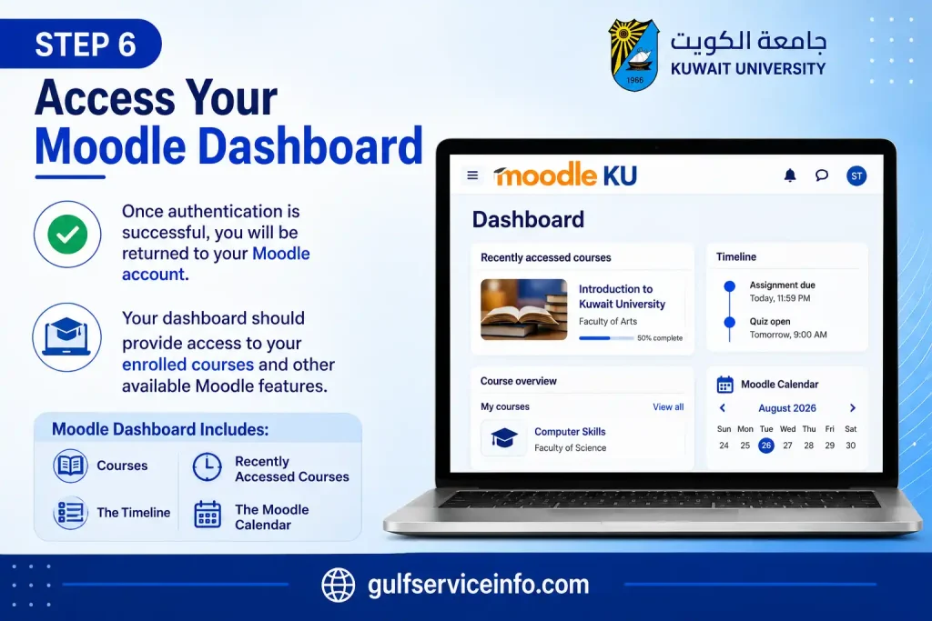 Access your Moodle KU dashboard with courses, timeline, and Moodle calendar