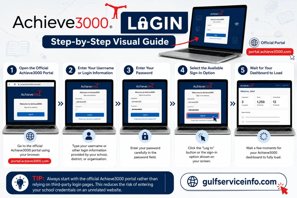 Achieve3000 Login portal with step-by-step sign-in instructions