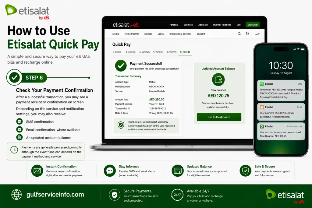 Check payment confirmation, SMS, email receipt and updated balance after Etisalat Quick Pay