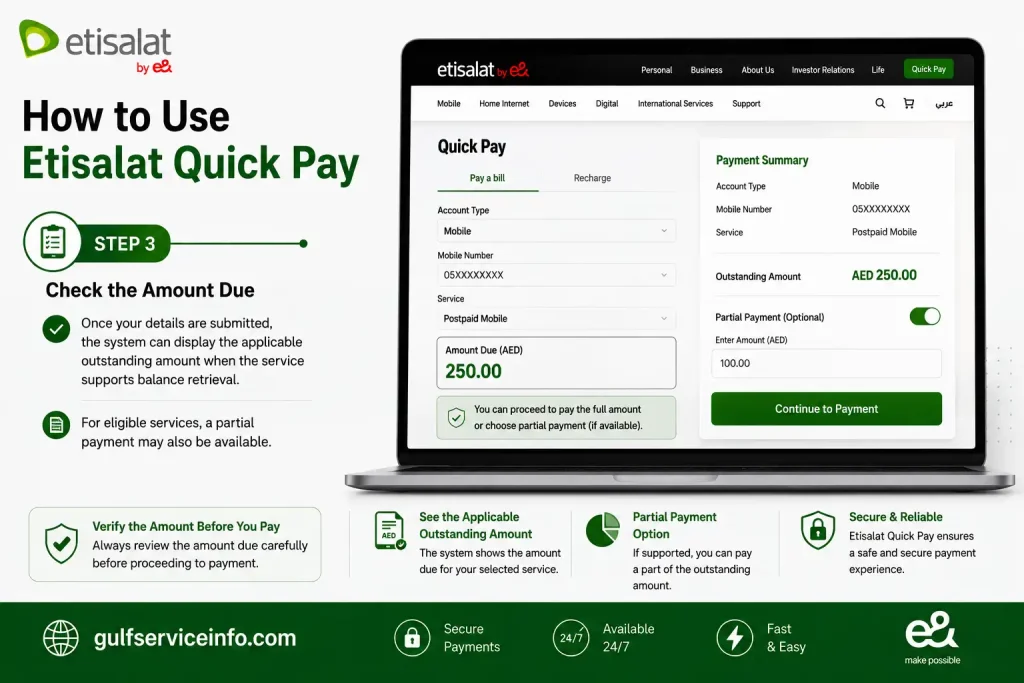 Check the amount due and available partial payment option in Etisalat Quick Pay