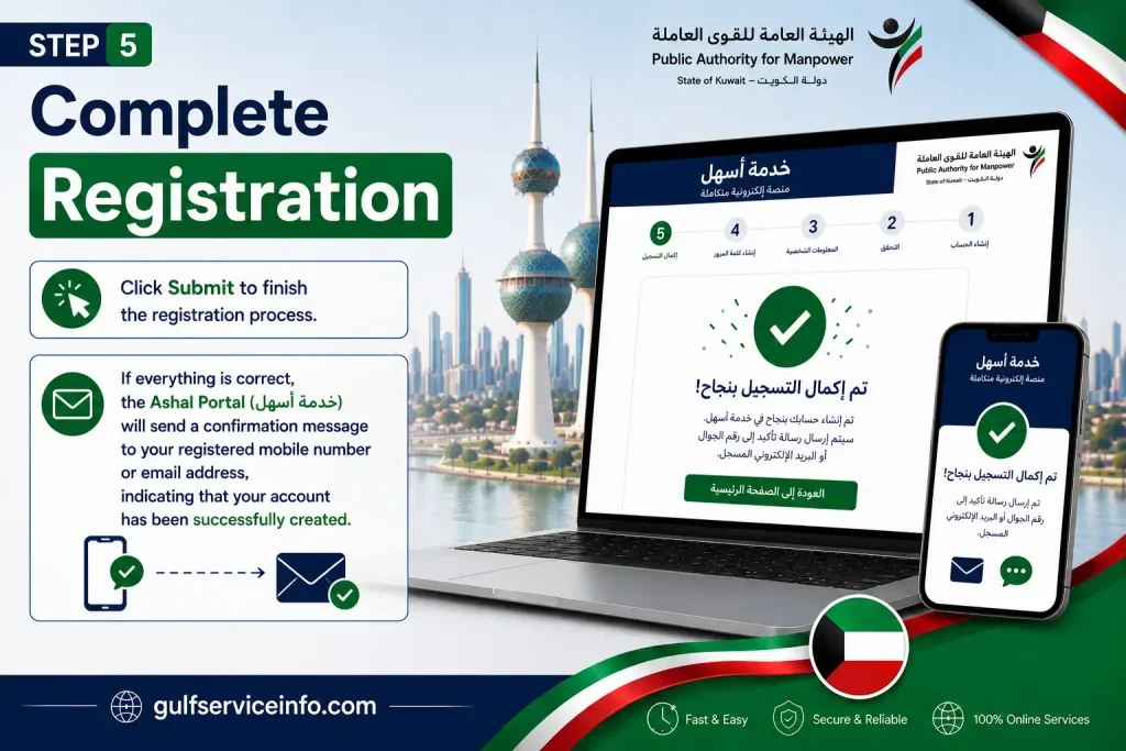 Complete Ashal Portal (خدمة أسهل) registration successfully and access Kuwait Public Authority for Manpower online services.
