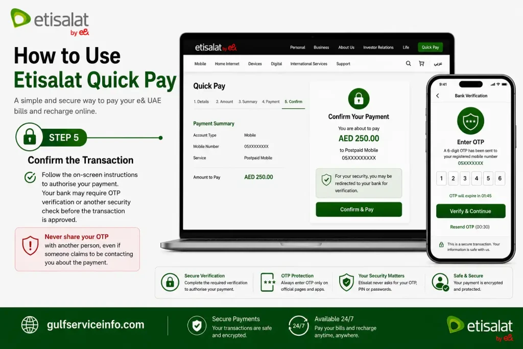 Confirm an Etisalat Quick Pay transaction with OTP verification and secure payment authorization