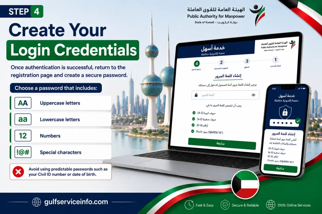 Create a secure username and password for the Ashal Portal (خدمة أسهل) during account registration.