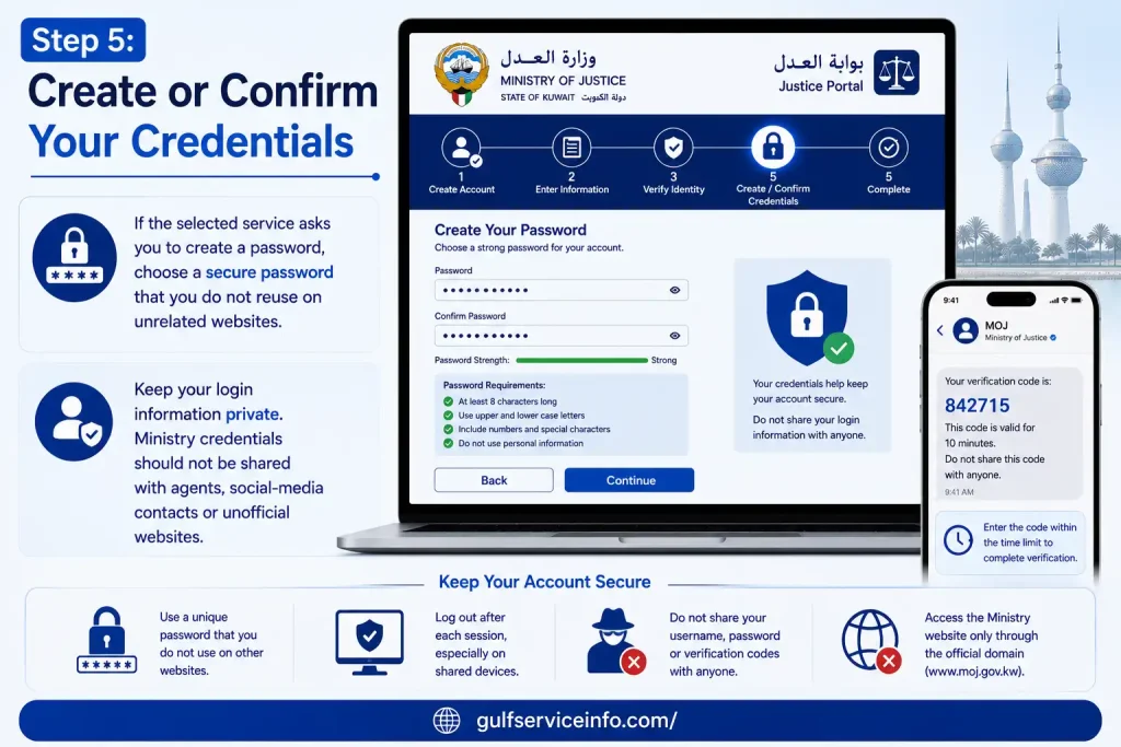Create or confirm your credentials on the Kuwait Justice Portal