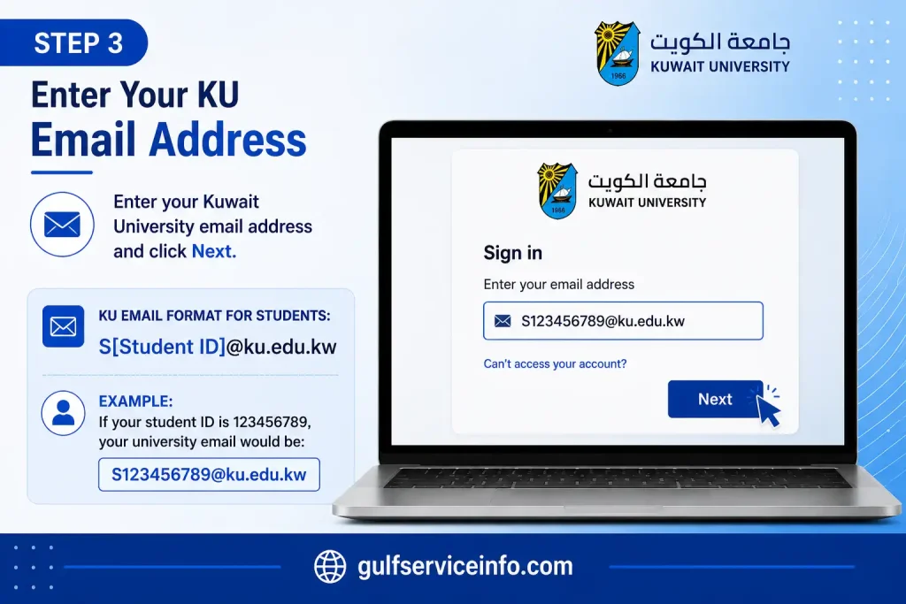 Enter your Kuwait University email address to continue Moodle KU login