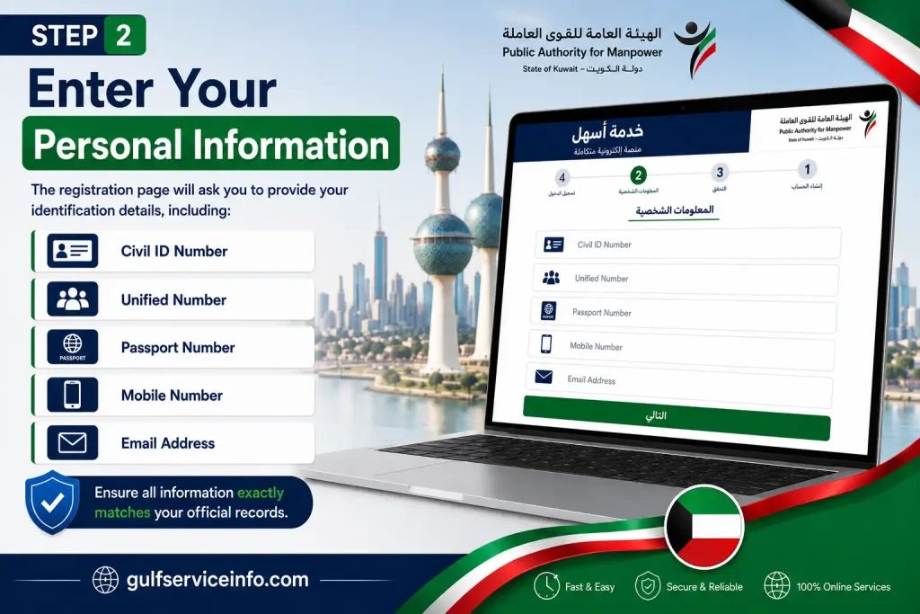 Entering personal information during Ashal Portal (خدمة أسهل) registration, including Civil ID, passport number, mobile number, and email address.