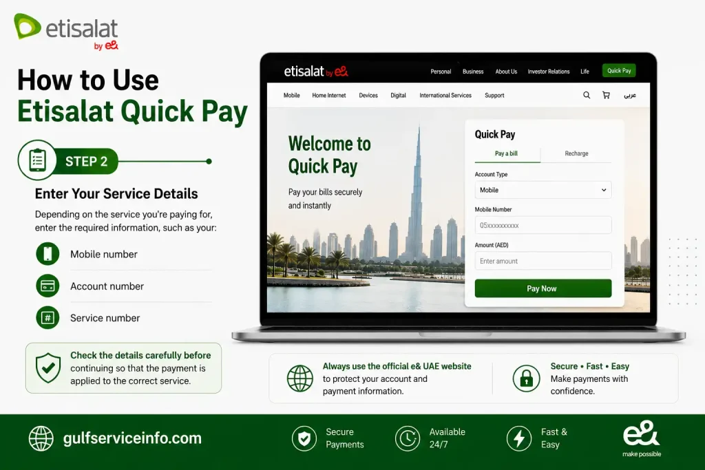 Enter mobile number, account number, or service number in Etisalat Quick Pay