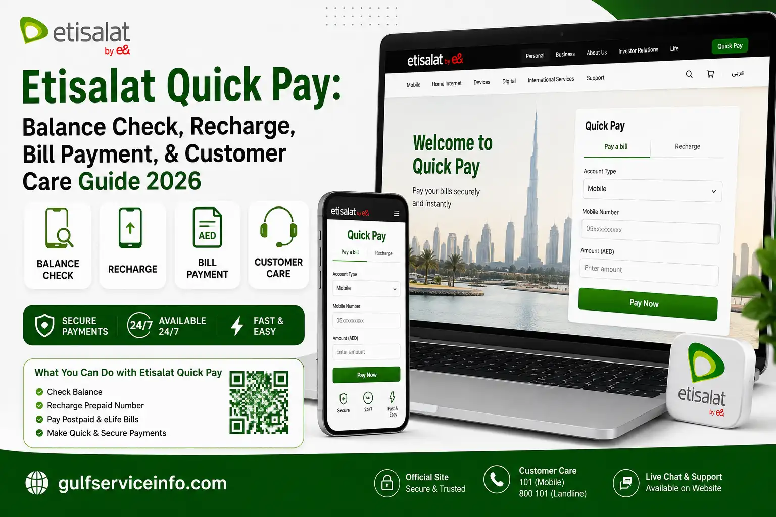 Etisalat Quick Pay balance check, recharge, bill payment, and customer care guide 2026