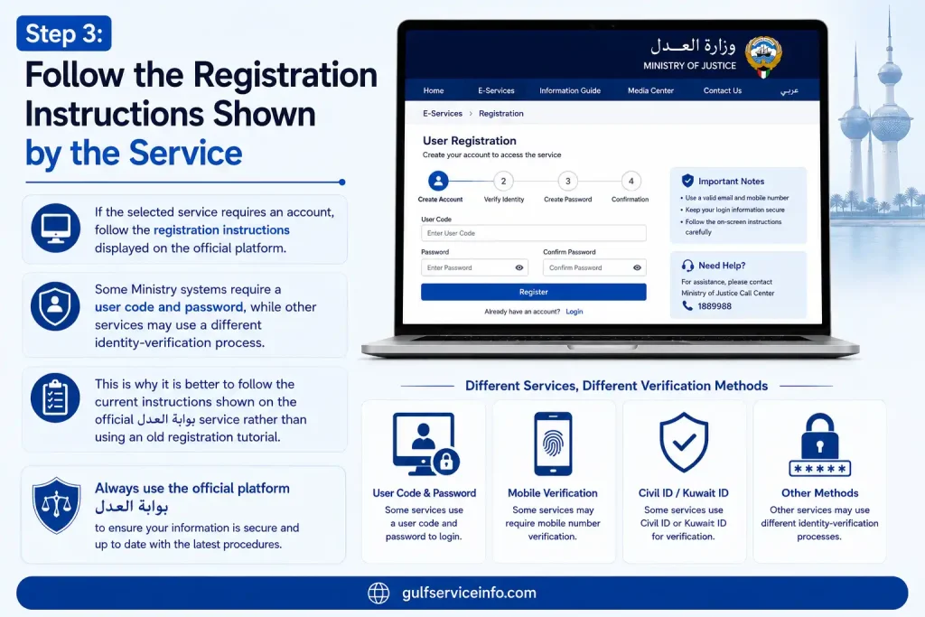Follow the registration instructions shown by the service on the Kuwait Justice Portal
