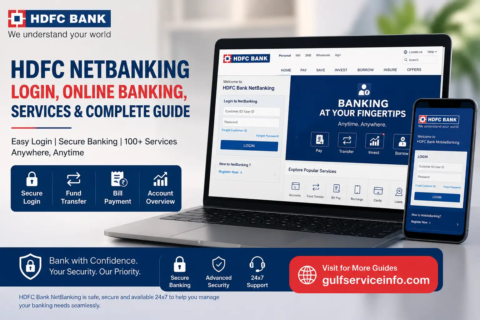 HDFC NetBanking login, online banking services and complete guide