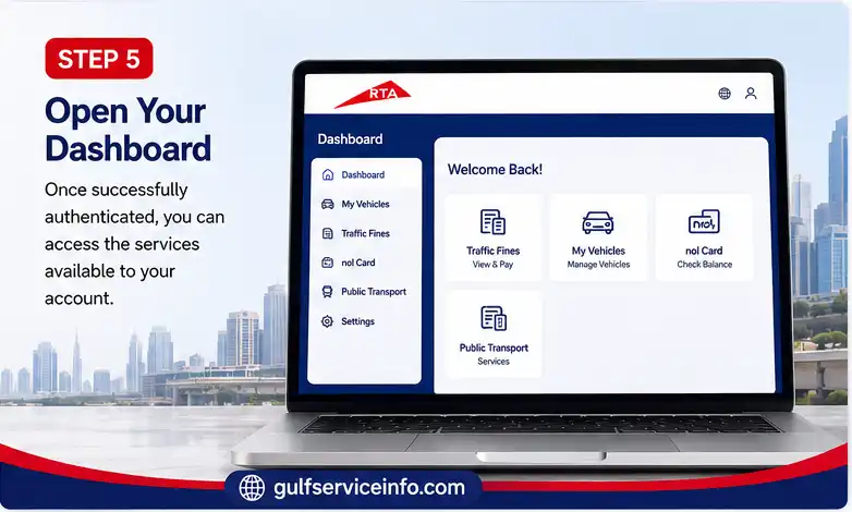 Open the RTA Dubai dashboard after successful login
