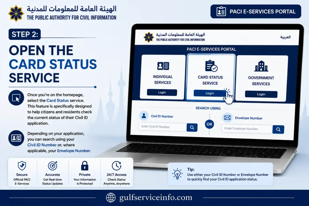 Open the Card Status Service on the official PACI portal to check your Kuwait Civil ID application status using your Civil ID Number or Envelope Number.