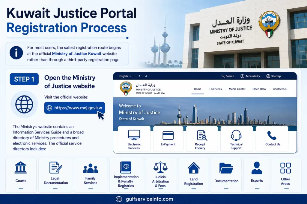 Open the official Kuwait Ministry of Justice website for Justice Portal services