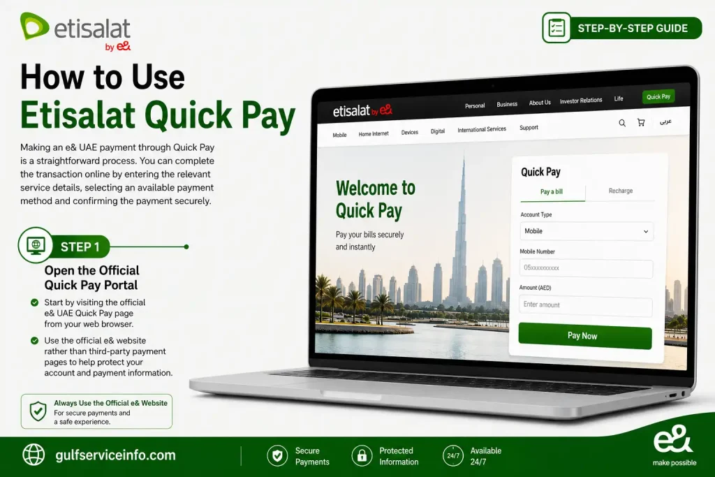 Open the official Etisalat Quick Pay portal for secure e& UAE bill payments and recharge