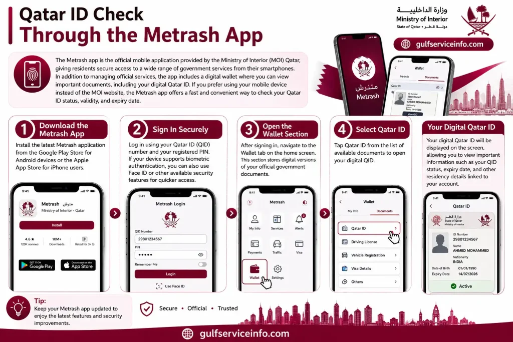 User checking Qatar ID status through the Metrash app on a smartphone