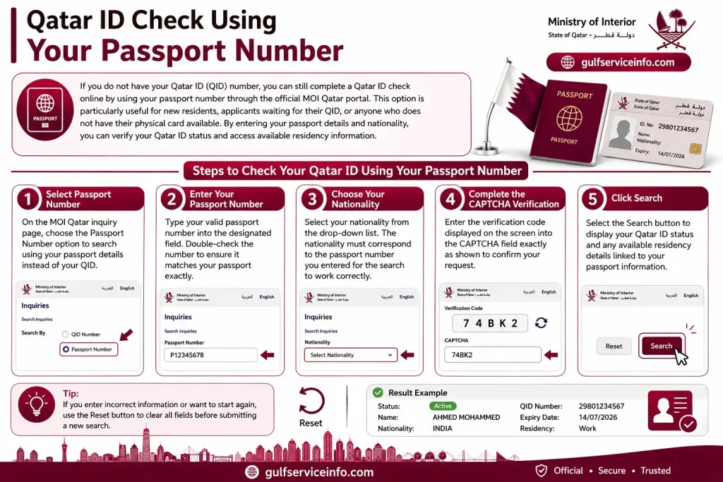 User checking Qatar ID status online using a passport number through the official MOI Qatar portal.