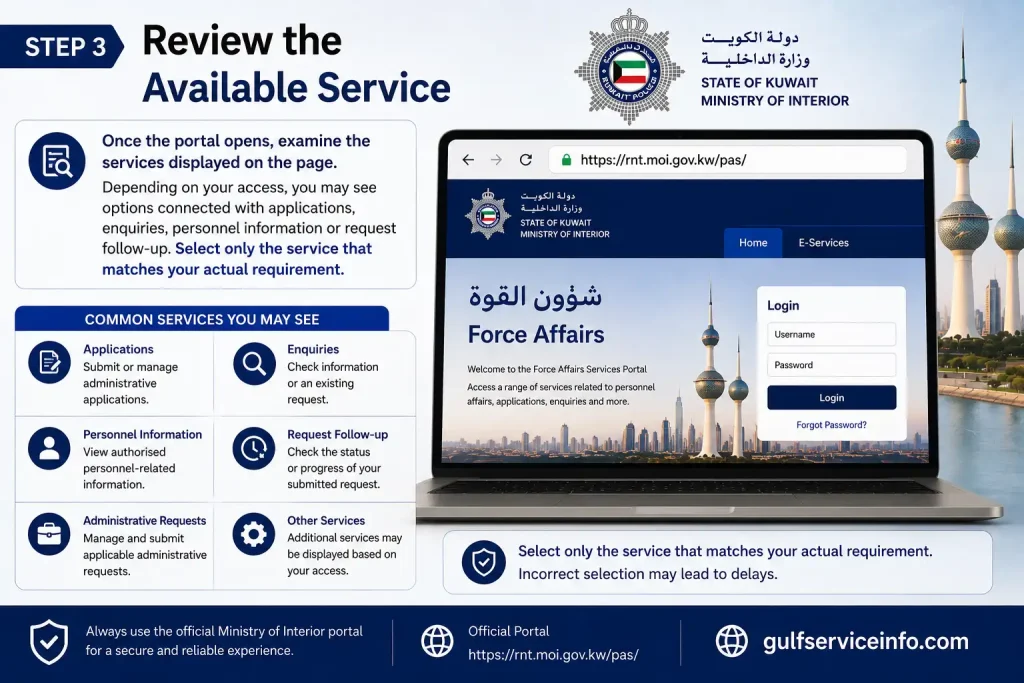 Review available services on the Force Affairs Kuwait portal