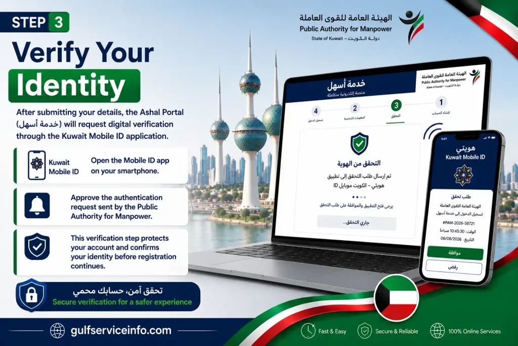 Verify your identity on the Ashal Portal (خدمة أسهل) using the Kuwait Mobile ID app during account registration.