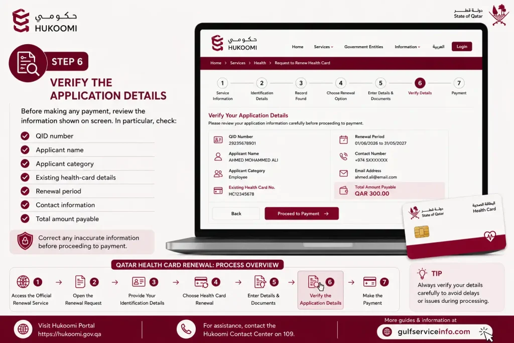 Verify the application details for Qatar health card renewal
