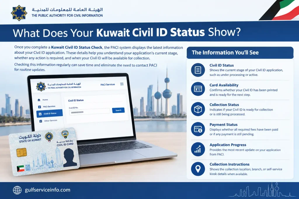 What Does Your Kuwait Civil ID Status Show? – Civil ID application status, card availability, collection status, payment status, and application progress through PACI.