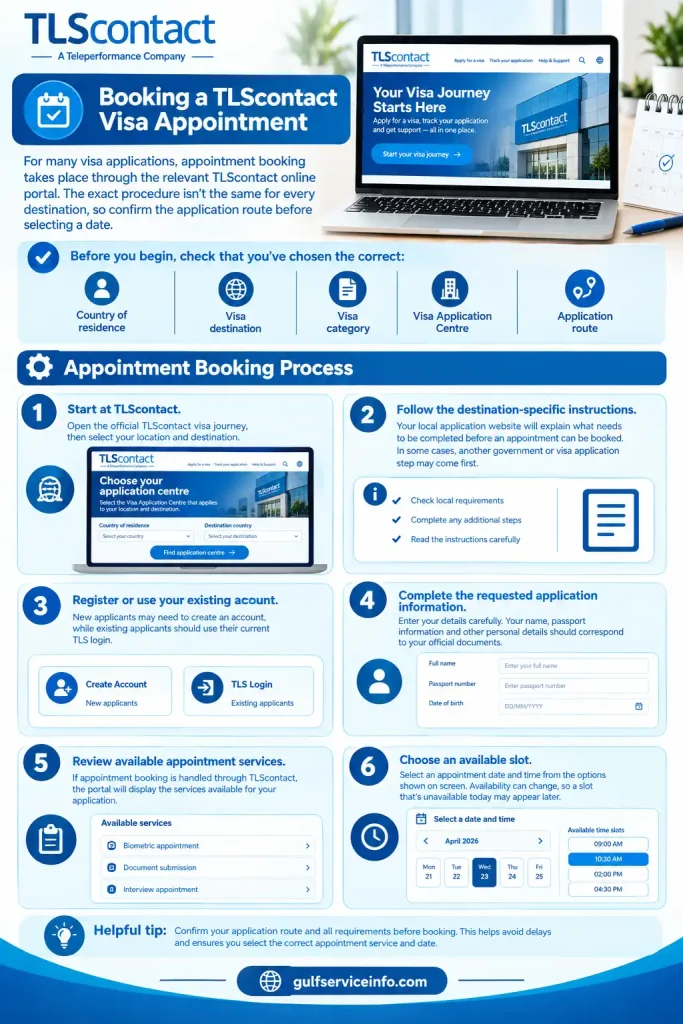 Booking a TLScontact visa appointment online by selecting the correct application route, service, date, and time slot