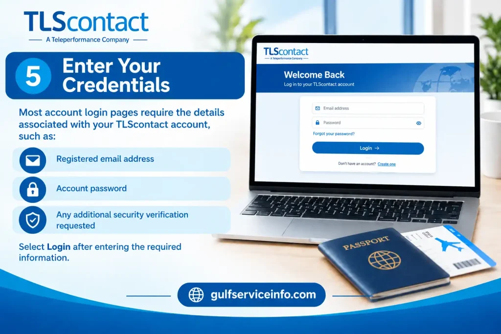 Enter your registered email address, password, and security verification on the TLScontact login page
