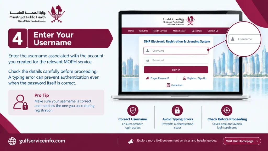 Enter your username for the MOPH login and DHP Registration and Licensing System