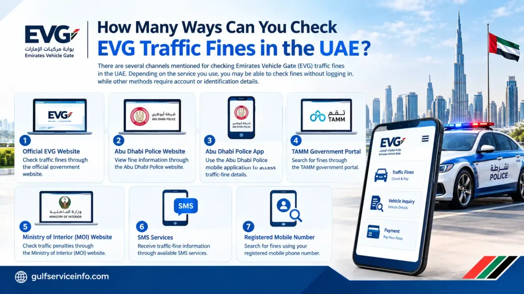 Different ways to check EVG traffic fines in the UAE through the EVG website, Abu Dhabi Police, TAMM, MOI, mobile apps and SMS services