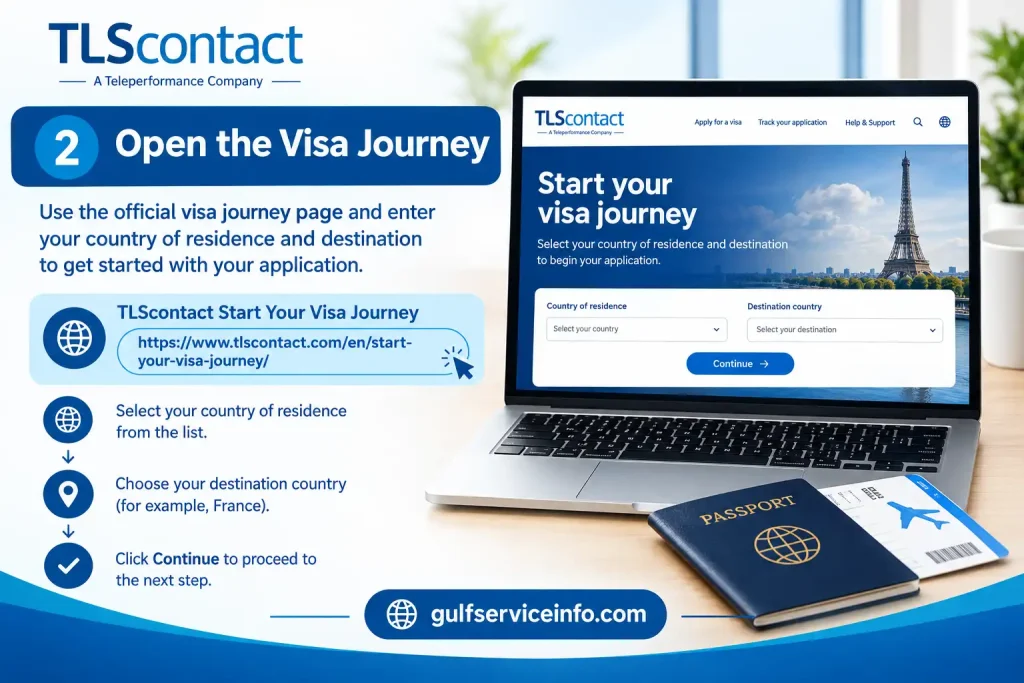 Open the TLScontact Visa Journey page and select your country of residence and destination