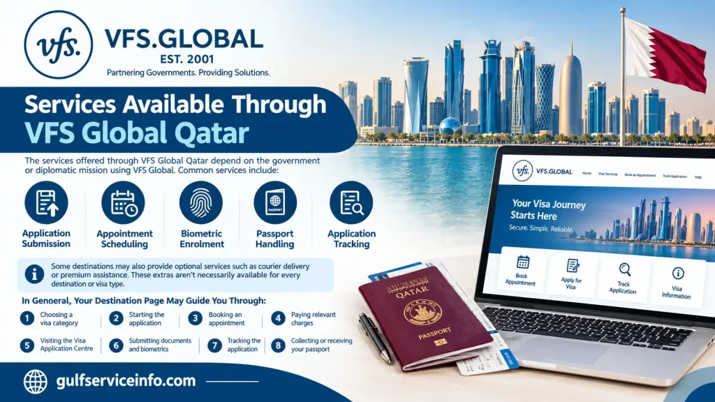 Services available through VFS Global Qatar including visa application submission, appointment scheduling, biometric enrolment, passport handling, and application tracking.