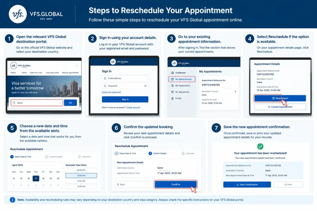 Steps to reschedule a VFS Global appointment online, including signing in, selecting reschedule, choosing a new date and time, and confirming the booking.