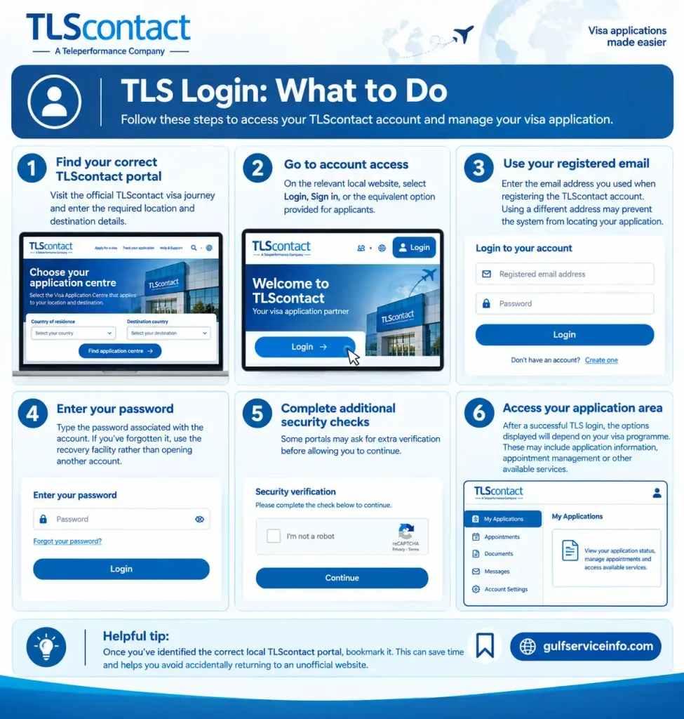 TLS Login steps for accessing a TLScontact account and visa application portal