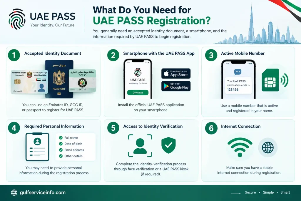 Requirements needed for UAE PASS registration including ID, smartphone, mobile number and verification