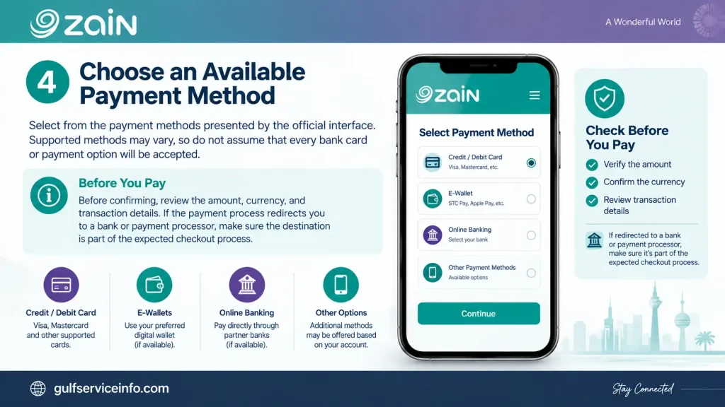 Choose an available payment method on Zain by reviewing supported payment options, confirming the amount and currency, and verifying transaction details before proceeding