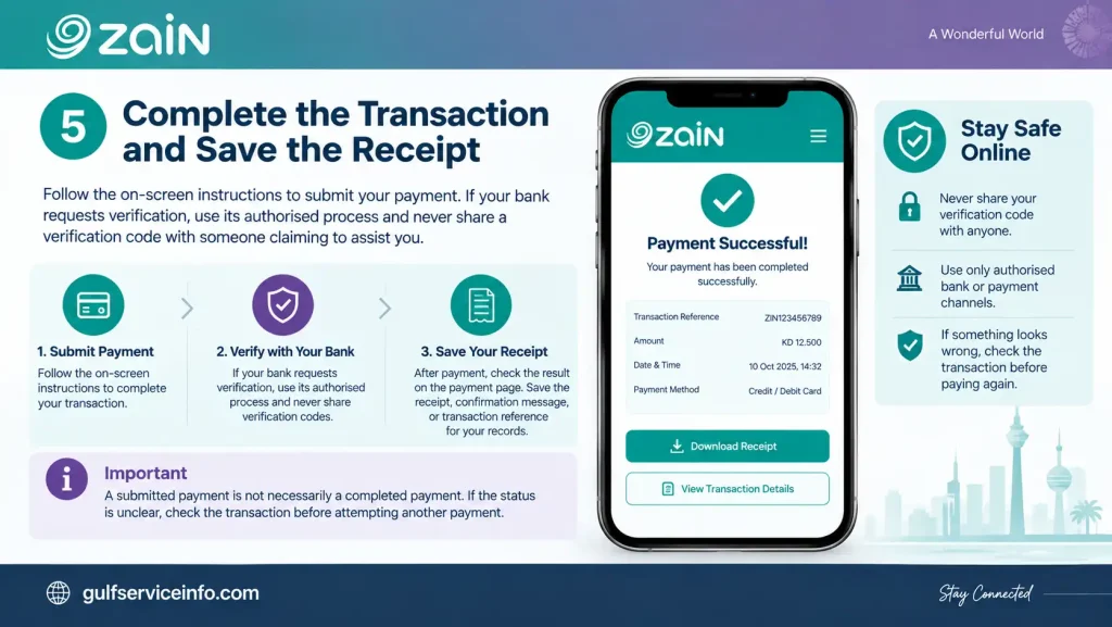 Complete the Zain payment transaction and save the receipt by verifying payment status, keeping the transaction reference, and following authorised bank verification procedures.