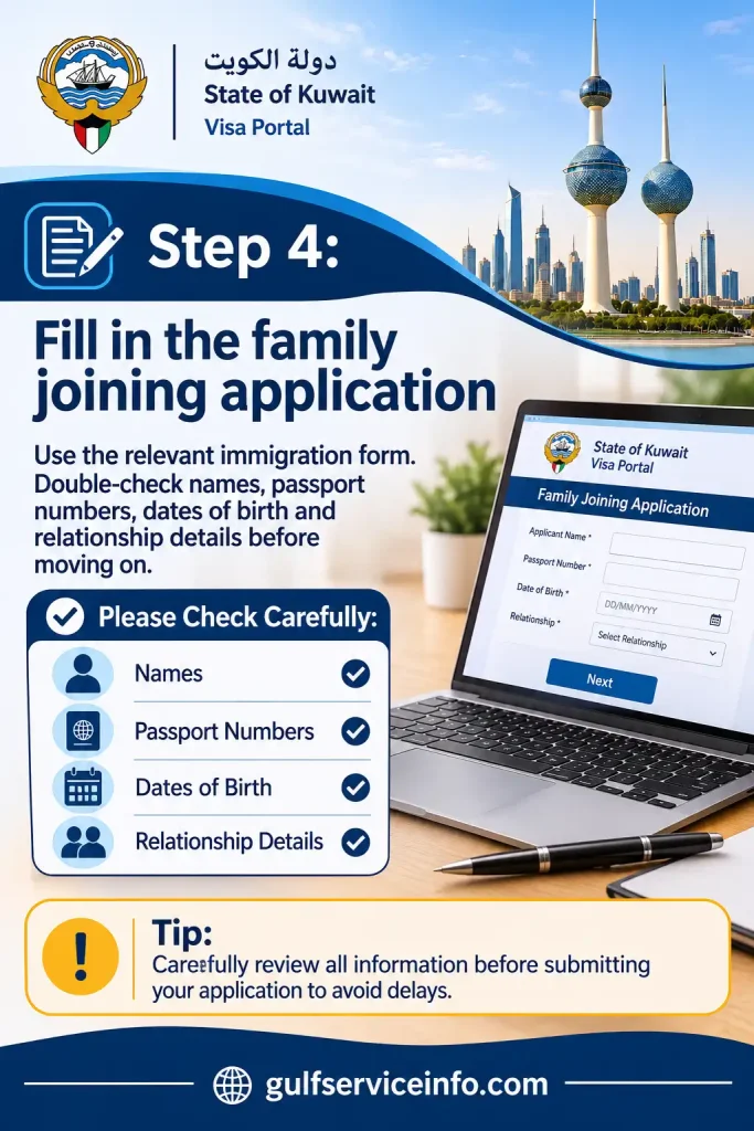 Kuwait family joining visa application form being completed with sponsor and dependant information.