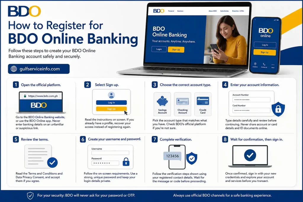 Step-by-step guide showing how to register for BDO Online Banking