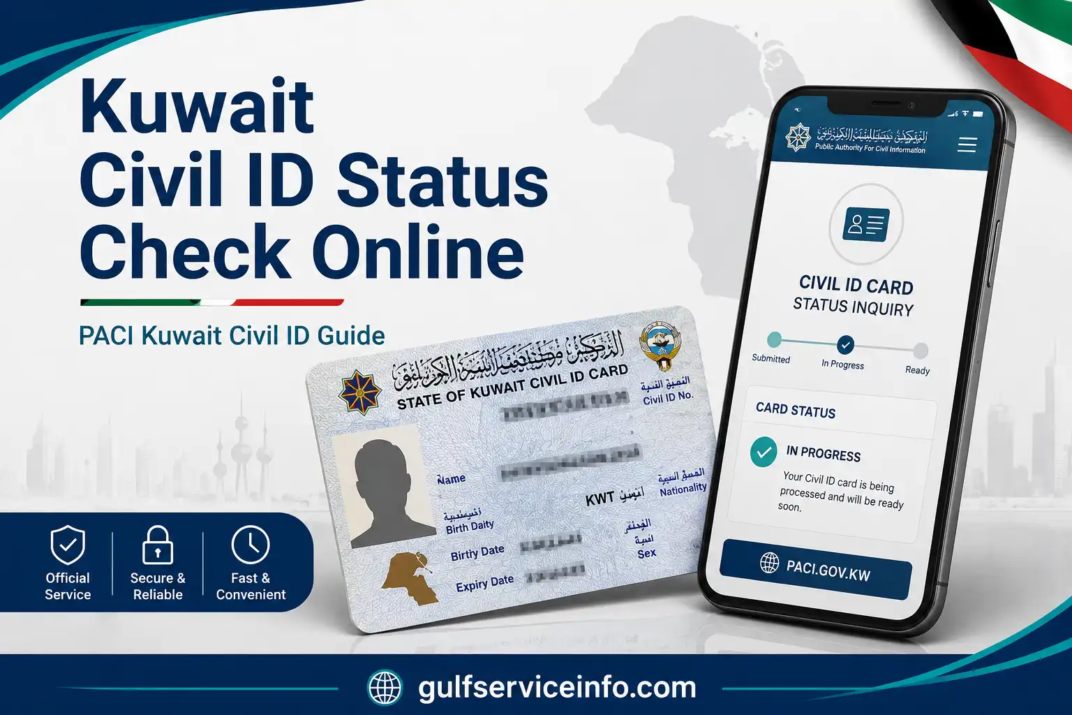 Kuwait Civil ID status check online guide showing a Civil ID card and smartphone with PACI status inquiry information