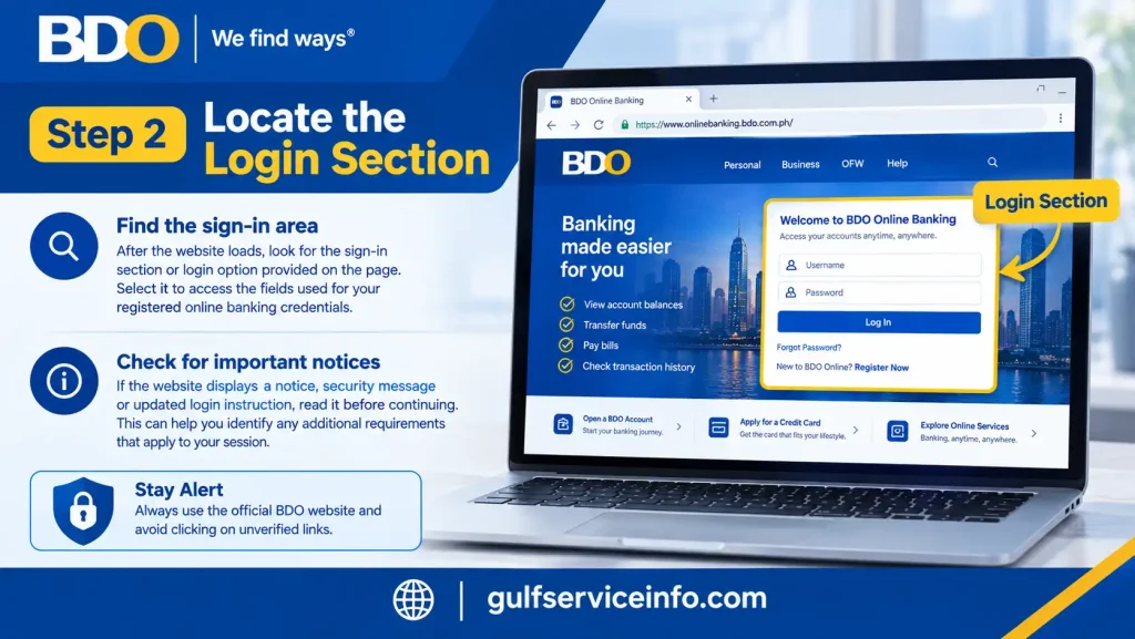 Locate the login section on the BDO Online Banking website to access your account