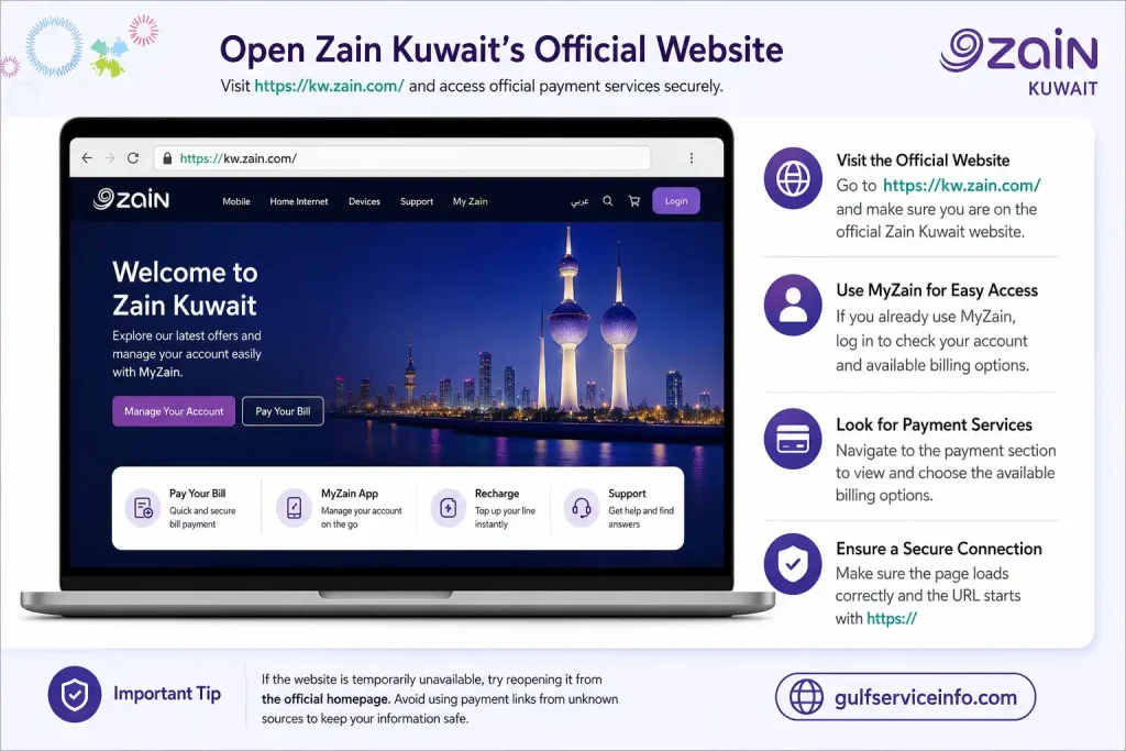 Open Zain Kuwait’s official website to access MyZain account services and online bill payment options.

