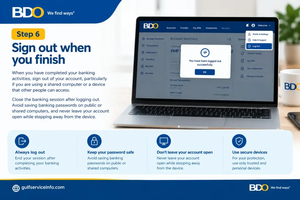 Sign out securely after finishing a BDO Online Banking session
